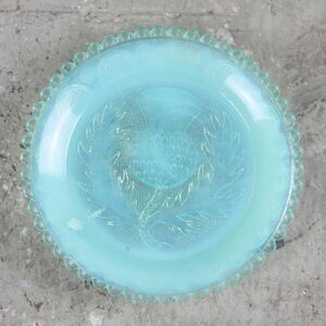 Blue Opalescent Glass Jewelry Holder Trinket Dish with Embossed Thistle Design
